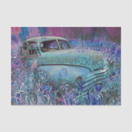 Papel De Seda Vintage Retro Car Teal Azul Rústico Arte Antiga