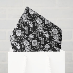 Papel De Seda Vintage Revolver Ilustração Floral Preta Branca