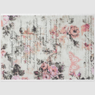 Papel De Seda Vintage Rosa e Preto Floral e Ephemera