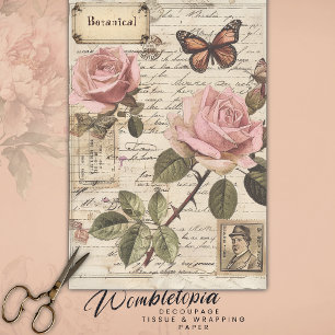 Papel De Seda Vintage Rosas Botânicas Rosa e Borboleta Ephemera