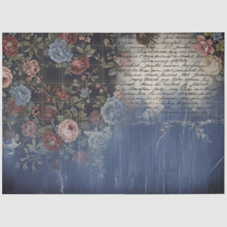 Papel De Seda Vintage Rustic Denim Floral Script Decoupage Craft