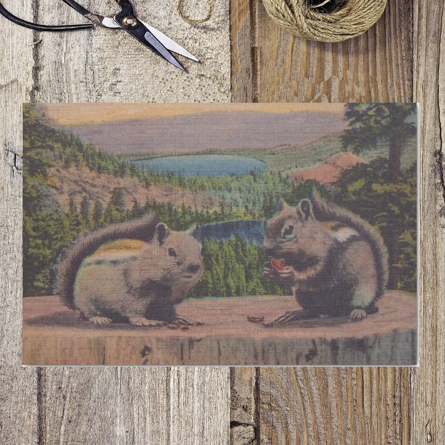 Papel De Seda Vintage Squirrels Mountain Scene (Two chipmunks sitting on tree stump against mountain setting on wrapping tissue paper.)