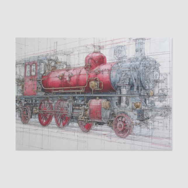 Papel De Seda Vintage Steam Train Blueprint (Frente )