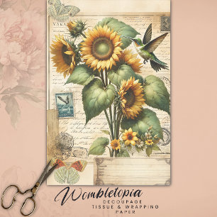 Papel De Seda Vintage Sunflower & Hummingbird Decoupage Ephemera