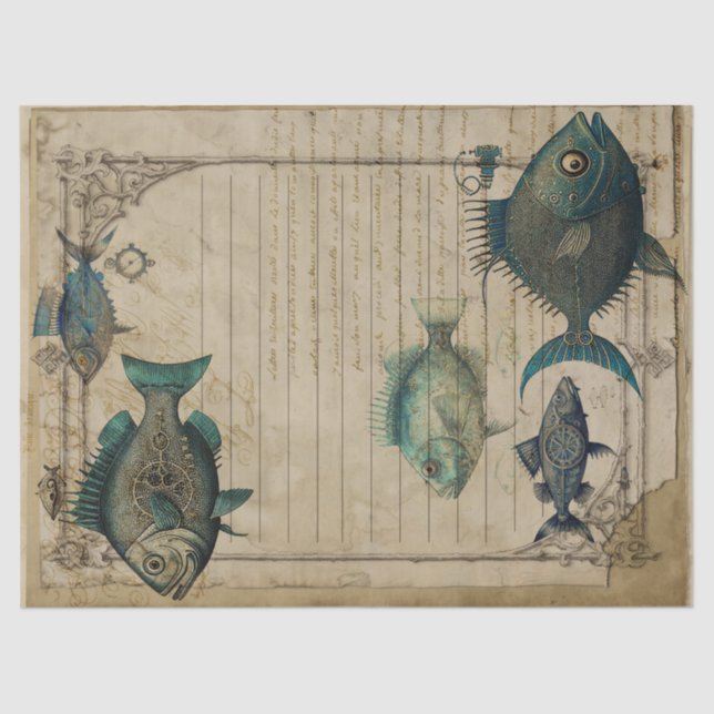 Papel De Seda Vintage Teal Steampunk Fish Decoupage (Frente )