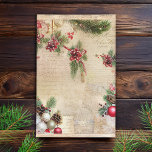 Papel De Seda Vintage Text com a Decoupage de Botânicos de Natal<br><div class="desc">Textura de fundo de pergaminho envelhecida com sépia,  com pulverizações de botânicos e ornamentos de Natal e escrita granulada.</div>