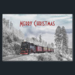 Papel De Seda Vintage Train Winter Christmas Cena<br><div class="desc">Papel tecidular com texto editável que diz Feliz Natal. Ilustrada com uma fotografia de uma paisagem de inverno nevada com pinheiros cobertos de neve. Um trem vermelho,  dourado e preto à moda antiga,  viajando pela natureza selvagem. Conjuga os pensamentos de voltar para casa no Natal.</div>