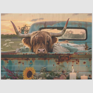 Papel De Seda Vintage Truck Highland Cow Sunflower