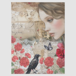 Papel De Seda Vintage Victorian Girl Rosas vermelhas & Raven Dec