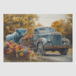 Papel De Seda Vintage - Vintage Blue Truck Highland Cow