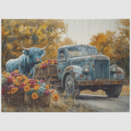 Papel De Seda Vintage - Vintage Blue Truck Highland Cow