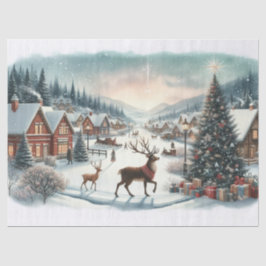 Papel De Seda Vintage Watercolor Village com Reindeer
