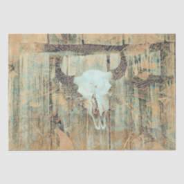 Papel De Seda Vintage Western Bull Skull Teal Brown Abstrato Art