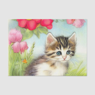 Papel De Seda Vintage White e Brown Kitten com Flores