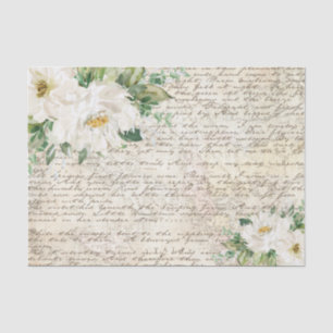 Papel De Seda Vintage White Ivory Floral Antiga Letra Decoupage