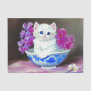 Papel De Seda Vintage White Kitten com Flores Rosa