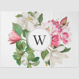 Papel De Seda Vintage White & Pink Magnolia Flowers Monograma