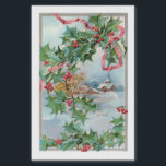 Papel De Seda Vintage Winter Rural Village e Christmas Holly<br><div class="desc">Cena de inverno rural encantadora,  com cascas cobertas de neve,  montanhas e árvores na fronteira da cinza clara e festivas,  amarradas com fita vermelha.</div>