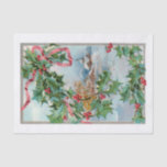 Papel De Seda Vintage Winter Rural Village e Christmas Holly<br><div class="desc">Cena de inverno rural encantadora,  com cascas cobertas de neve,  montanhas e árvores na fronteira da cinza clara e festivas,  amarradas com fita vermelha.</div>