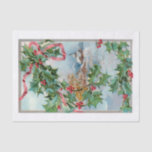 Papel De Seda Vintage Winter Rural Village e Christmas Holly<br><div class="desc">Cena de inverno rural encantadora,  com cascas cobertas de neve,  montanhas e árvores na fronteira da cinza clara e festivas,  amarradas com fita vermelha.</div>