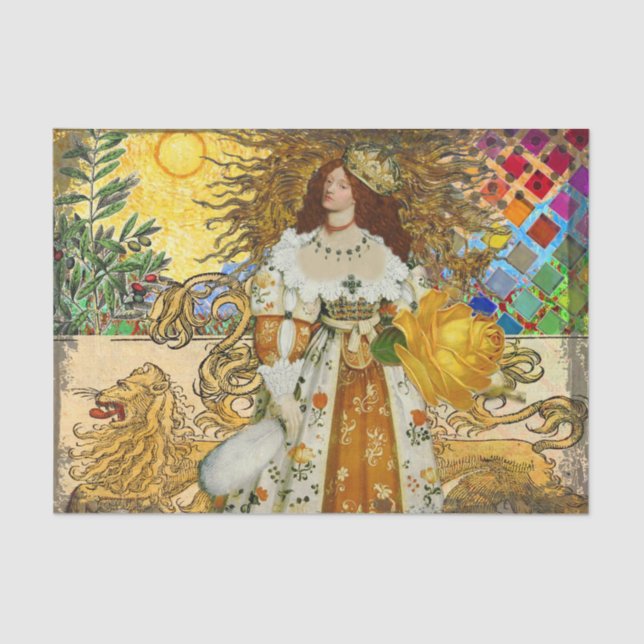 Papel De Seda Vintage Woman Ouro Sun: Leo Zodiac Collage Art (Frente )
