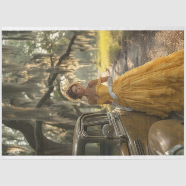 Papel De Seda Vintage Yellow Car Linda Mulher (Frente )