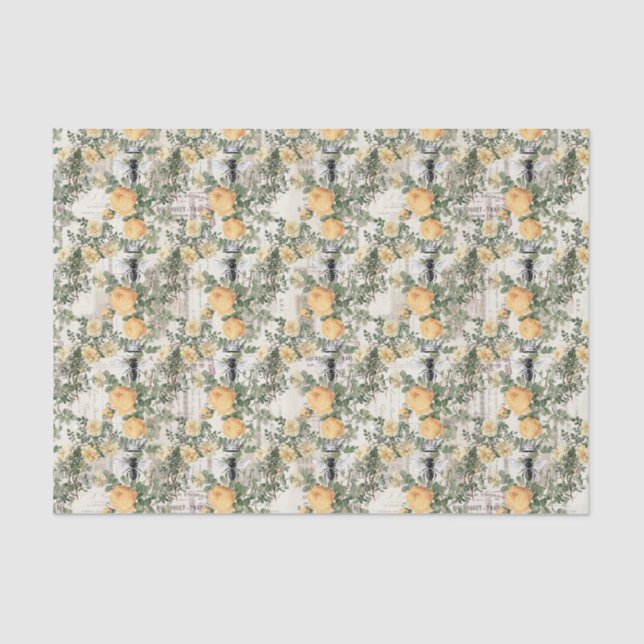 Papel De Seda Vintage Yellow Roses and Bees (Frente )