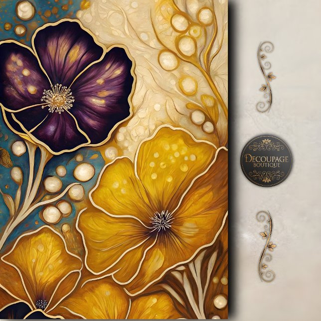 Papel De Seda Violeta Dourada Flor de Decoupagem (Golden Violet Bloom Decoupage Tissue Paper)