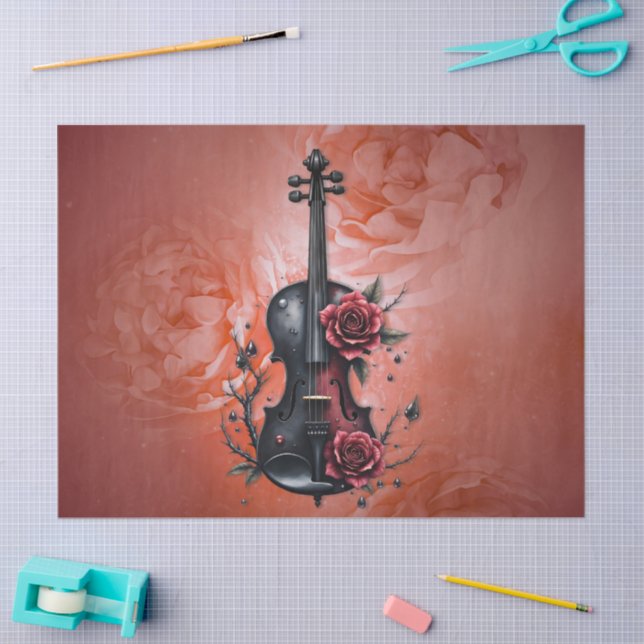 Papel De Seda Violino preto gótico com rosas vermelhas (Arte )