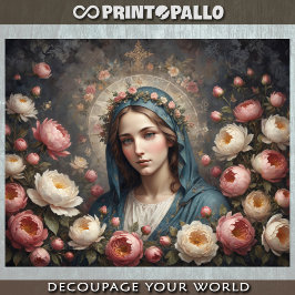 Papel De Seda Virgem Maria com halo e flores