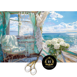 Papel De Seda Vista Romântica do Mar pela Janela em Decoupage