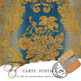 Papel De Seda Vitoriano Antigo Dourado e Decoupage Floral Azul