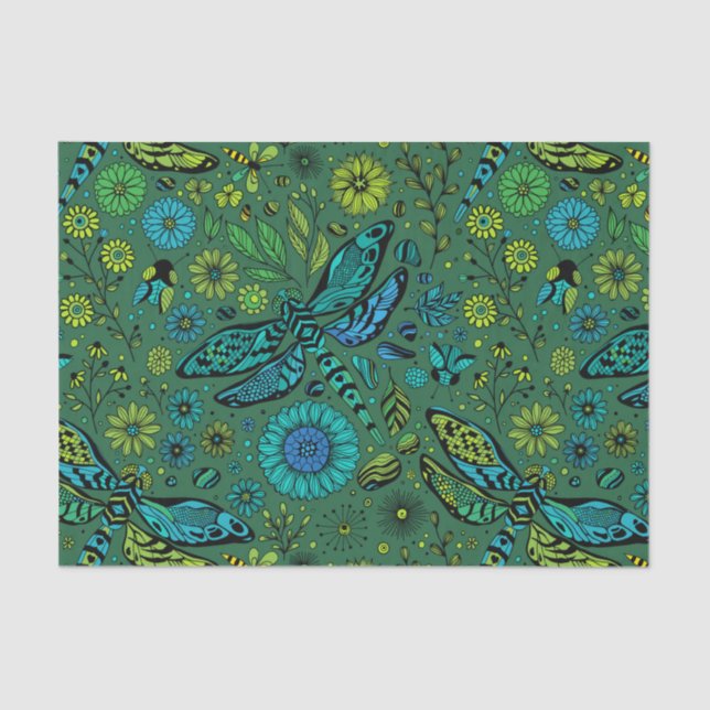 Papel De Seda Voa, voa libélula em esmeralda verde (Frente )