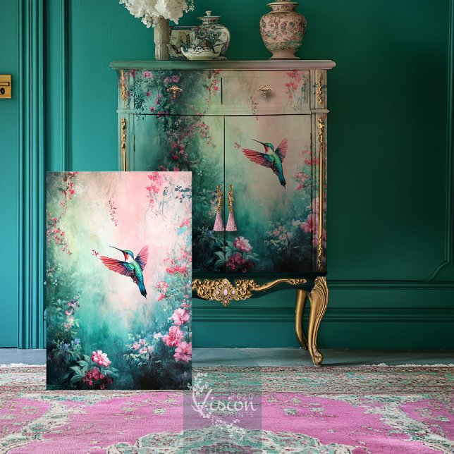 Papel De Seda Voo do Beija-flor, Floral Etéreo (Flight of the Hummingbird Ethereal Floral Garden Teal & Pink Decoupage Tissue Paper)