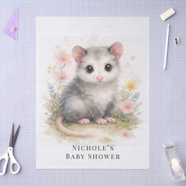 Papel De Seda Watercolor Baby Possum Baby Shower  (Arte )