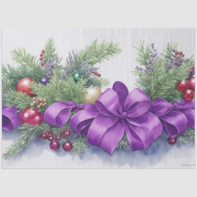 Papel De Seda Watercolor Christmas Evergreen Ribbon Purple Red (Frente )