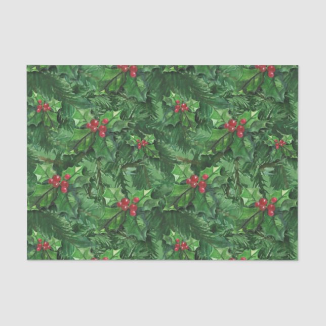Papel De Seda Watercolor Christmas Holly Berries (Frente )