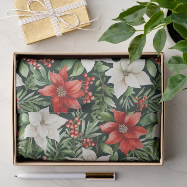 Papel De Seda Watercolor Christmas Poinsettias and Berries (Presente)