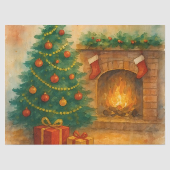 Papel De Seda Watercolor Christmas Tree & Cozy Fireplace Holiday (Frente )