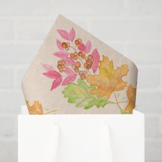 Papel De Seda Watercolor Fall Leaves and Berries Paper (Sacola de presentes)