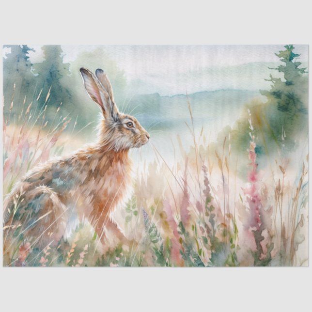 Papel De Seda Watercolor Hare in Meadow Tissue Paper (Frente )