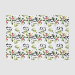 Papel De Seda Watercolor Holly Greenery Padrão Feliz Natal