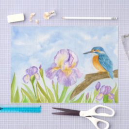 Papel De Seda Watercolor Kingfisher with Purple Irises 