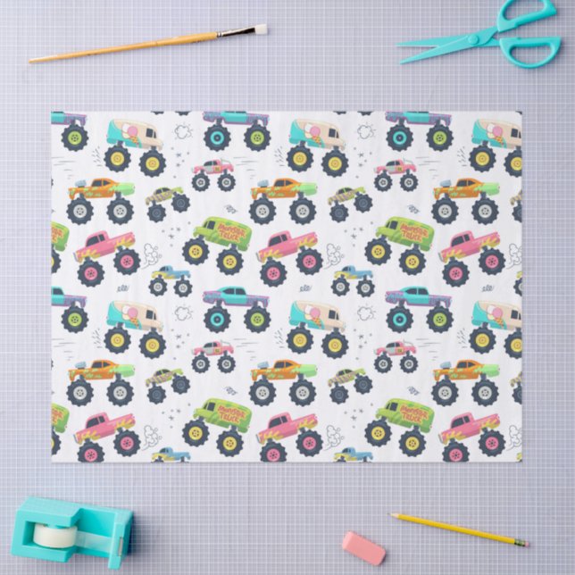 Papel De Seda Watercolor Monster Car Trucks kids (Arte )