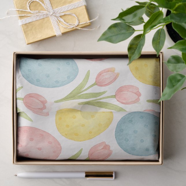 Papel De Seda Watercolor Pastel Easter Eggs Tulip Pattern  (Presente)