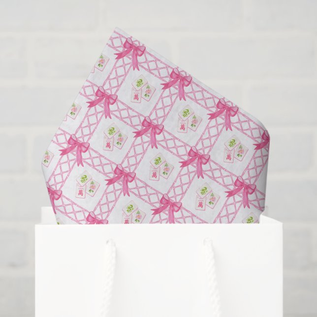Papel De Seda Watercolor Pink & Green Bow Mahjong (Sacola de presentes)