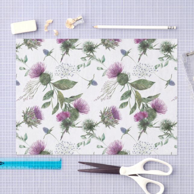 Papel De Seda Watercolor Purple Thistle Botanical Pattern (Arte )