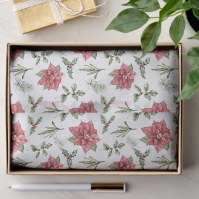 Papel De Seda Watercolor Red Poinsettias Holly Fir Natal (Criador carregado)