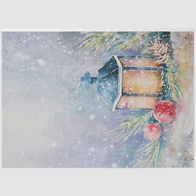 Papel De Seda Watercolor Snow Lamp Fir Bauble Christmas (Frente )