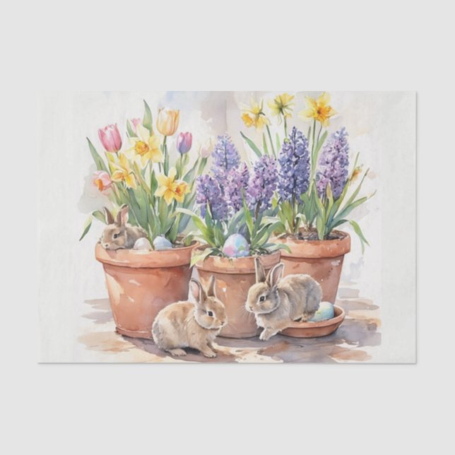 Papel De Seda Watercolor Spring Floral and Bunnies  (Frente )